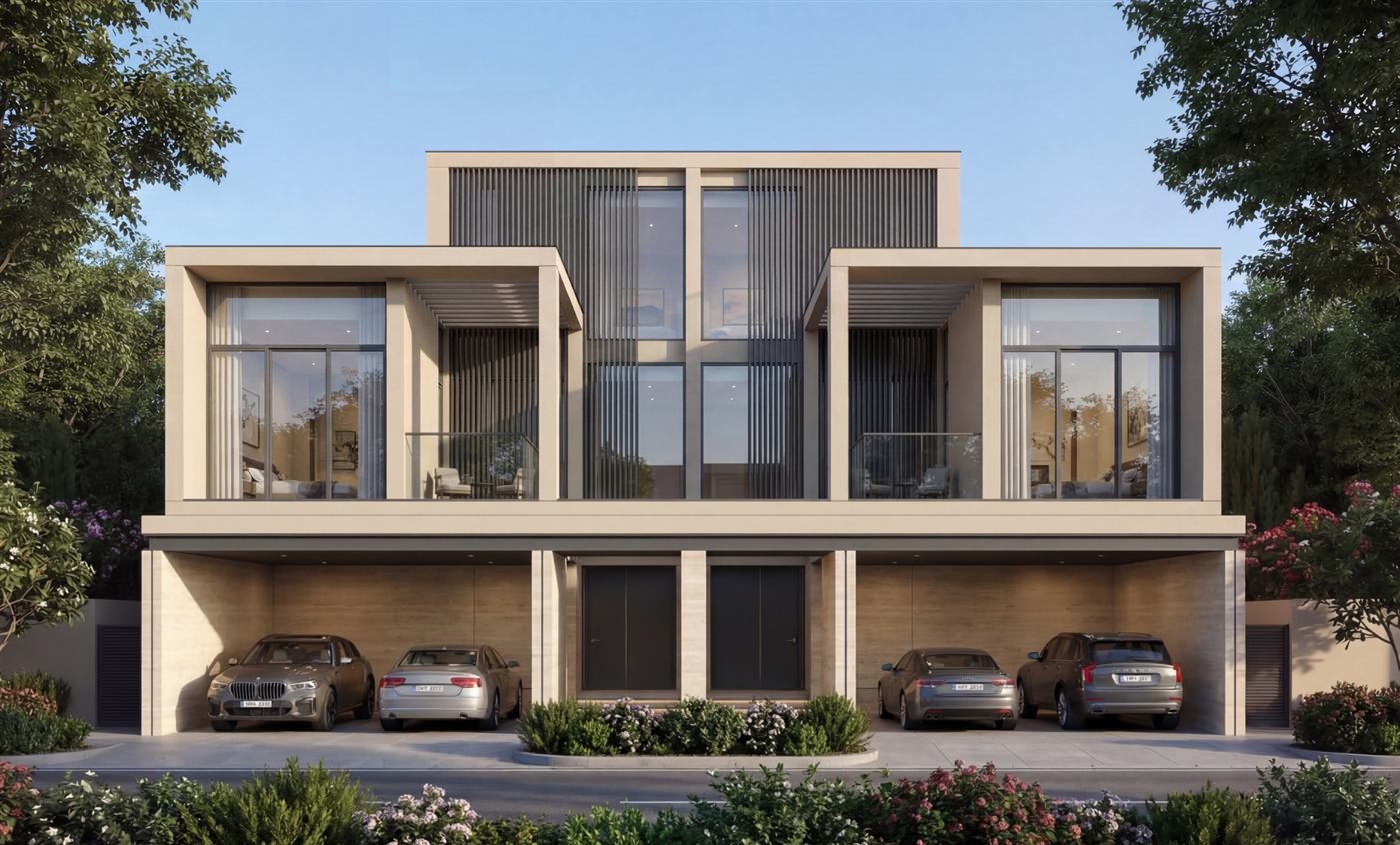 Street view of semi-detached townhouses at The Terraces